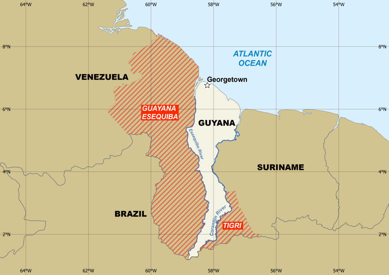 Map of Guyana with disputed areas