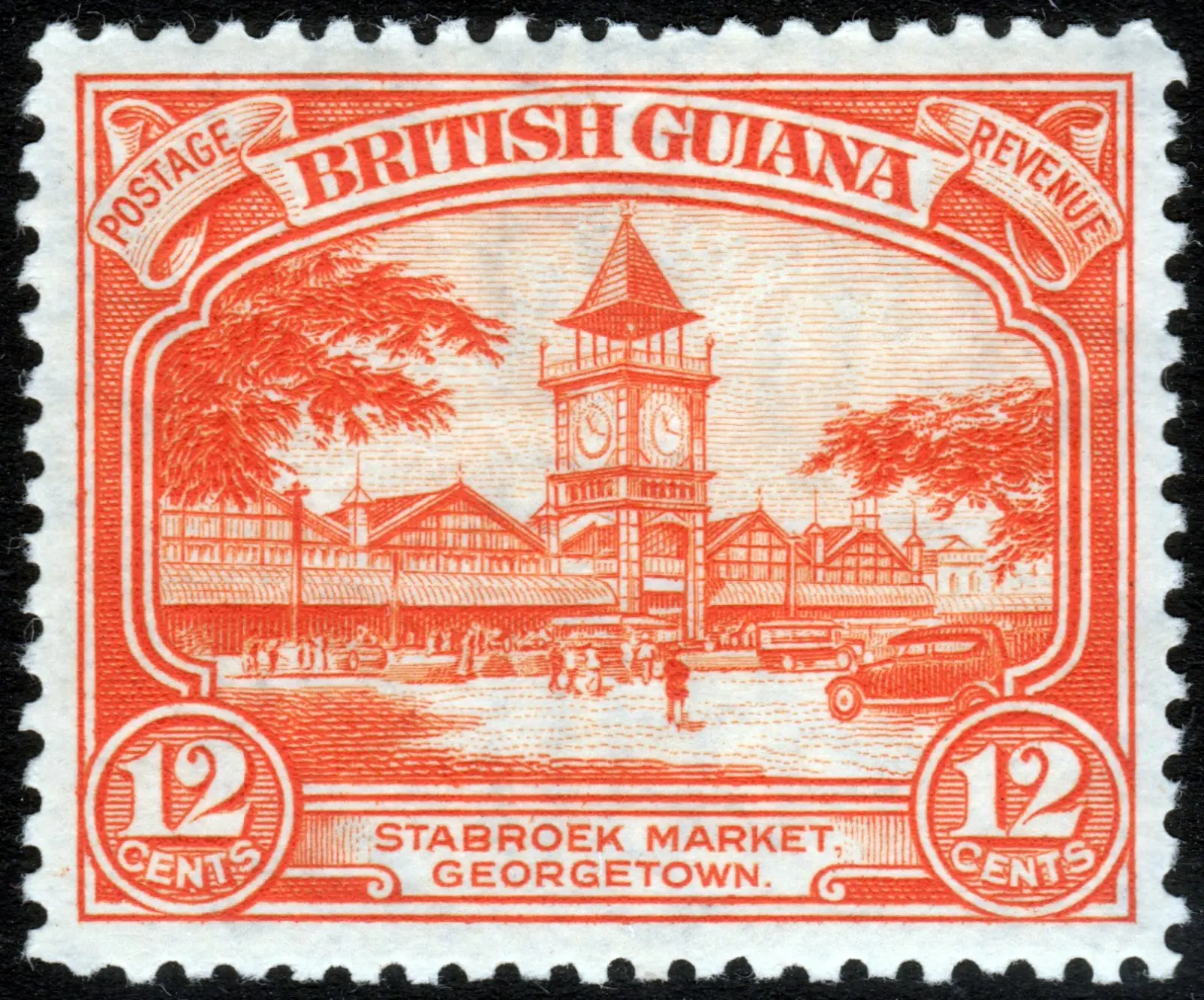 British Guiana 1934 12c stamp showing Stabroek Market