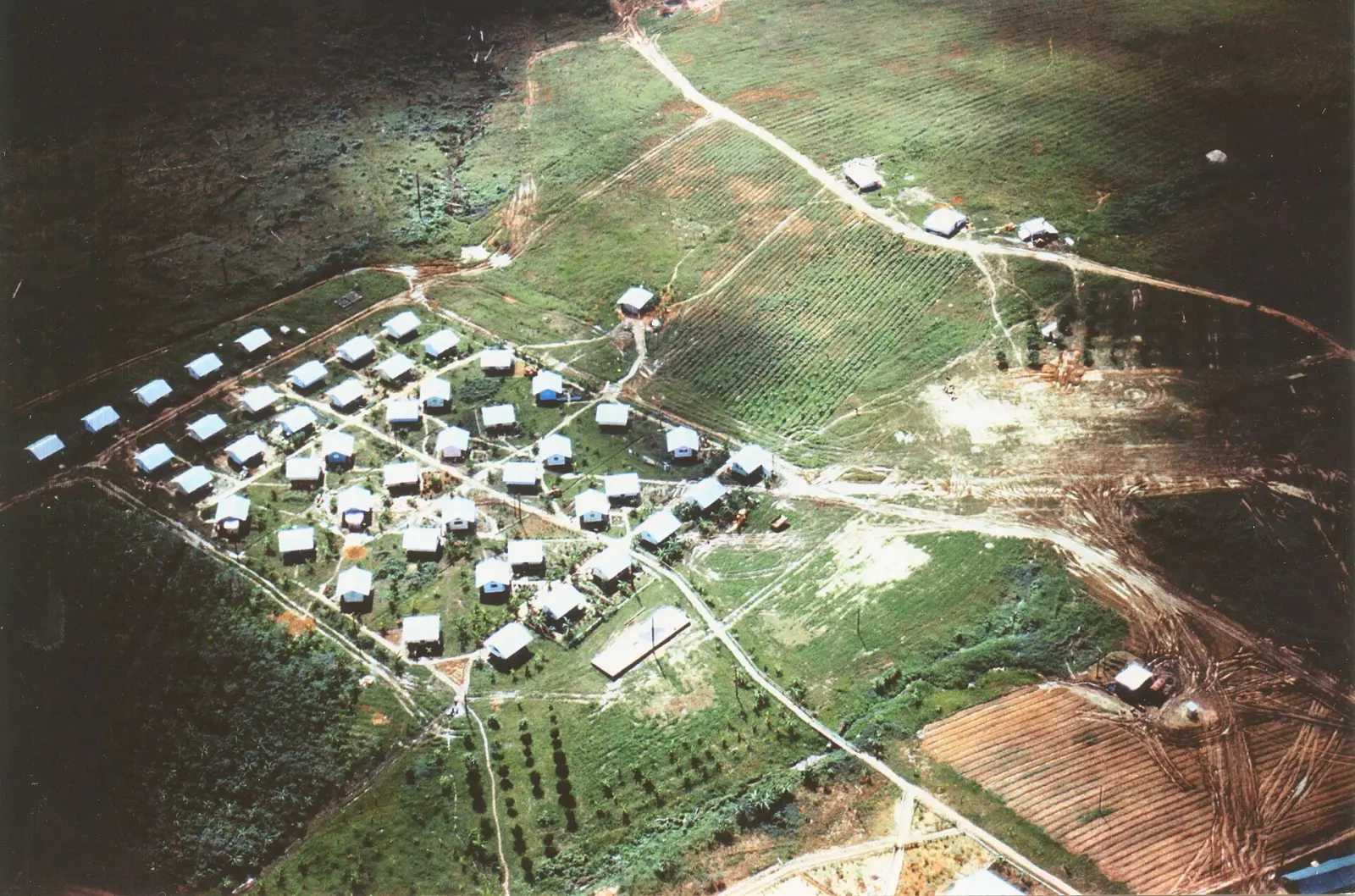 Cottages at Jonestown, photographed by the FBI after the deaths